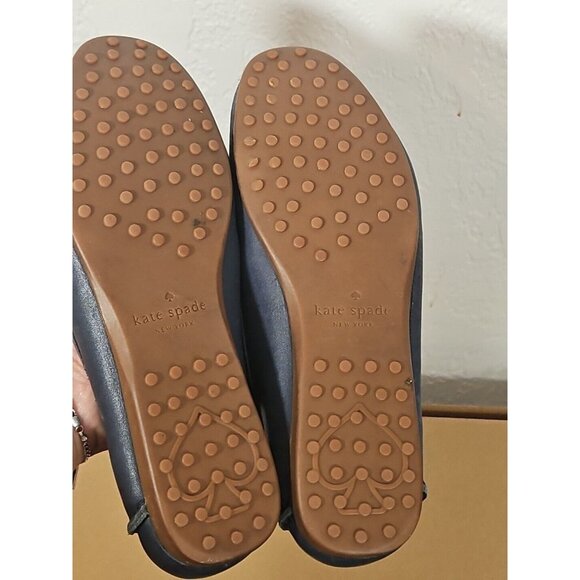Kate Spade Navy Blue Leather Flat Slip On Loafers Size 7m Gold Logo Buckle - Picture 3 of 5